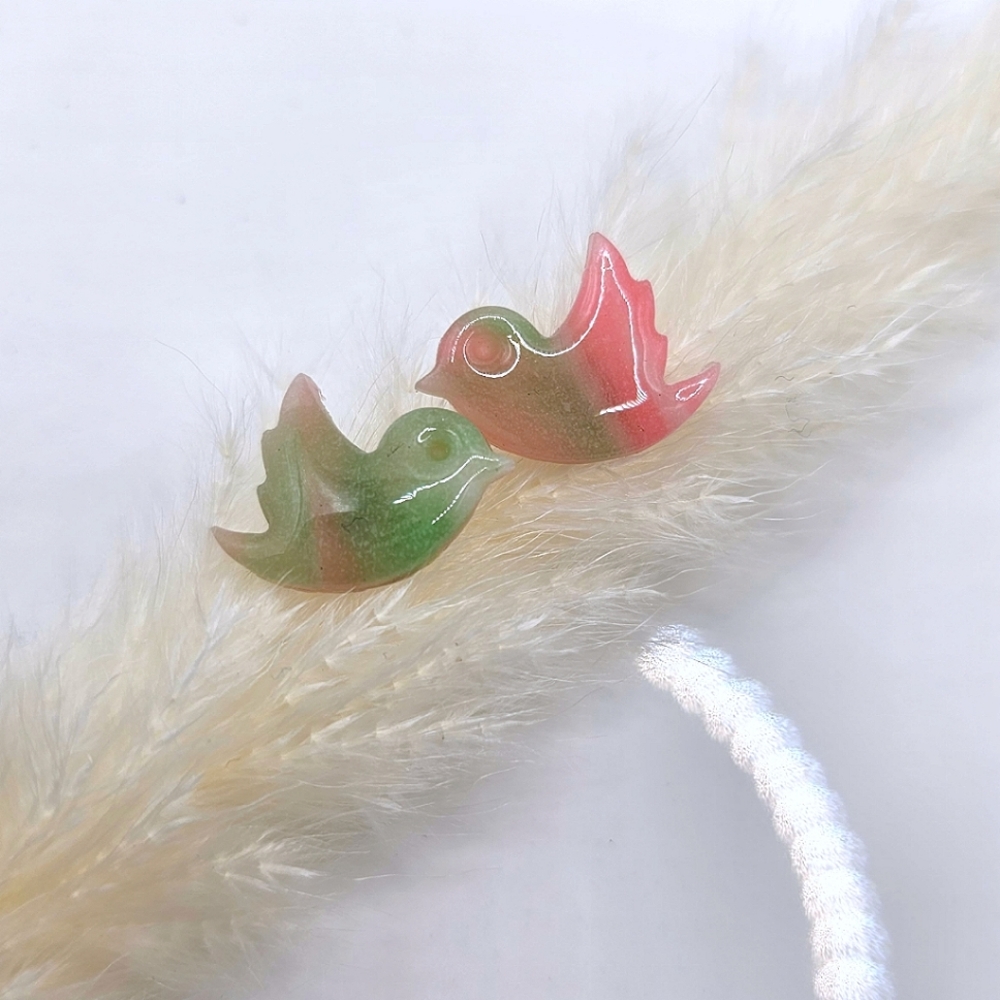 Marbled Tiny Birds Stud Earrings Polymer Clay Pink Green Gift Lightweight Fun